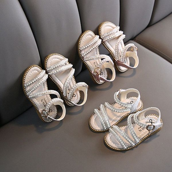Girls Sandals Enfants d'été dames perl Princess Shoes Toddler Youth Performance Chaussures rose Golden 21-36 P1NN #