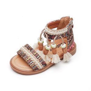 Girls Sandals Ethnic Retro Children Fashion Casual Shoes Tassels 2024 Back Zipper Summer Kids Pattern Gladiator Leuk 240420