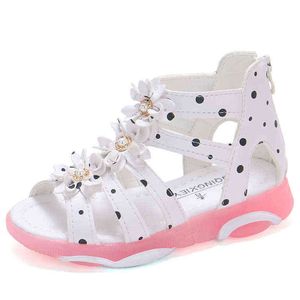 Meisjes Sandalen Bloemen Kinderen Romeinse Sandalen Kinderen Gladiator Schoenen Zacht leer met Dots Zipper Pearl Kralen Peuter 1-12 jaar G220418