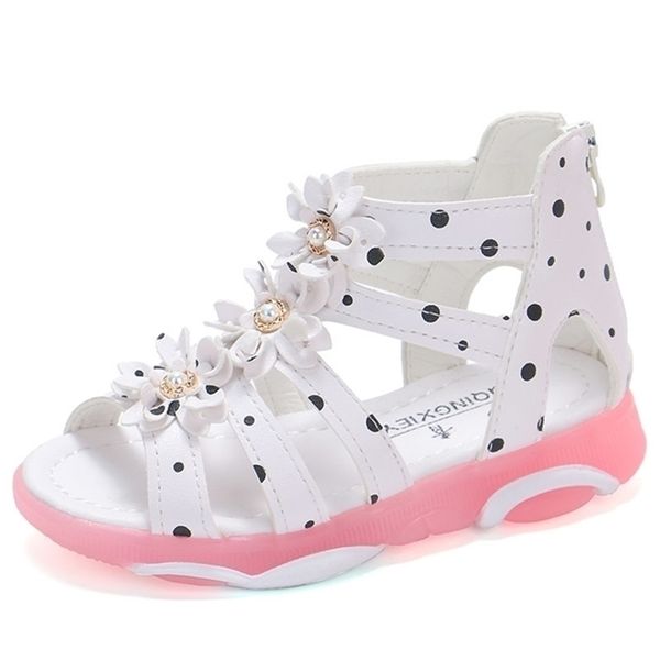 Filles Sandales Fleurs Enfants Sandales Romaines Enfants Gladiateur Chaussures En Cuir Souple Avec Des Points Fermeture Éclair Perle Perles Toddler 1-12 Ans 220425