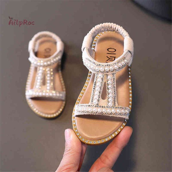 Sandalias para niñas, zapatos de verano para niños, 2022, zapatos romanos para niños, zapatos de princesa con diamantes brillantes y perlas, zapatos planos para niñas, sandalias de playa informales G220418