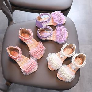 Girls Sandals Lace Pearl Zipper Sweet Luxury Summer Children Sliders Open Toe 21-36 Toddler Fashion Soft Dance Kids Sliders 240319