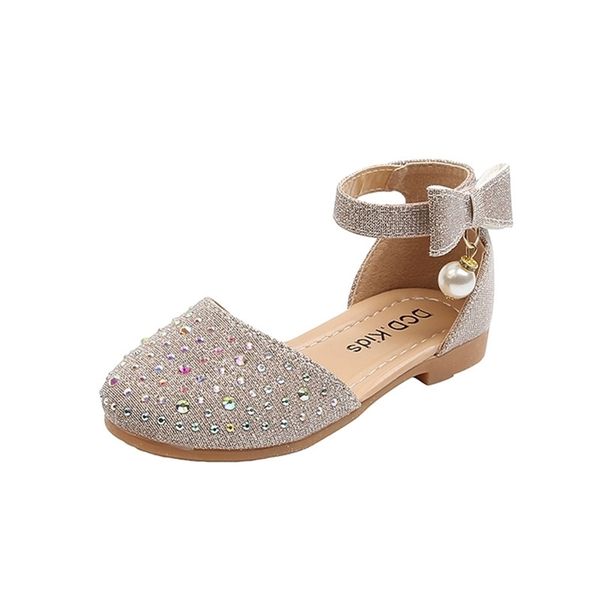 Sandalias para niñas Verano Tacón plano Moda Lentejuelas Arco Perla Bebé Niña Zapatos Niños Princesa Zapatos SYJ066 210306