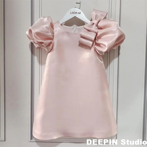 Robes de princesse en Satin pour filles, rose, manches bouffantes, Costume de Piano, robe de soirée avec nœud, Pure, 240311