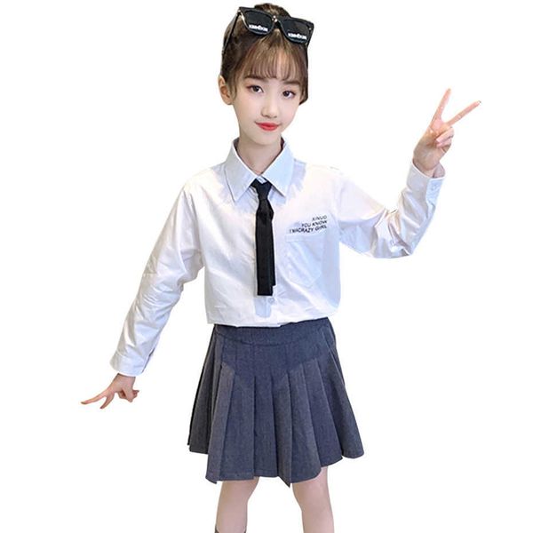 Vêtements d'école pour filles chemisier blanc + jupe tenues printemps automne fille tenue Style décontracté Costume pour enfants 6 8 10 12 14 210528