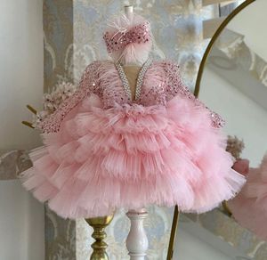 Filles paillettes perlées col en V robes de gâteau robe de bal spectacle de piano pour enfants robe de performance enfants dentelle gaze princesse vêtements Z5433