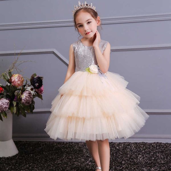 Vestido de fiesta de lentejuelas para niñas con Bowknot Teens Formal Evening Tutu Elegant 10-12yrs Champagne para niños 210529