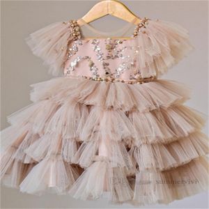 Girls Sequins Tiered Lace Tulle Cake Robes Bouche de bal Kids Gauze Gauze Falbala Fly Sleeve Princess Dress Children Birthday Party Clothes Z5430