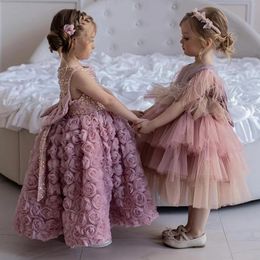 Vestidos de chaleco de lentejuelas para niñas, vestido de baile para niños, encaje estéreo, rosa, lazos grandes, vestido de princesa, ropa de fiesta de cumpleaños para niños Z5431