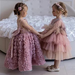 Filles paillettes gilet robes robe de bal enfants stéréo dentelle rose gros arcs robe de princesse enfants vêtements de fête d'anniversaire Z5431