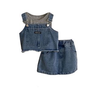 Girls set Koreaanse versie denim vest voor zomerkleding, korte riemen voor dragen, top en rok voor het dragen, driedelig set