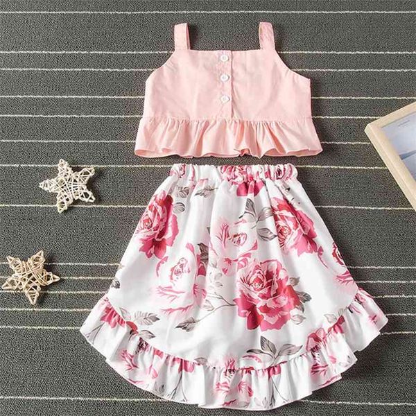 Filles Set Costume d'été Infant Kid Vêtements Tenues Sling Off Épaule Top + Floral Jupe irrégulière Vêtements Fille 210528