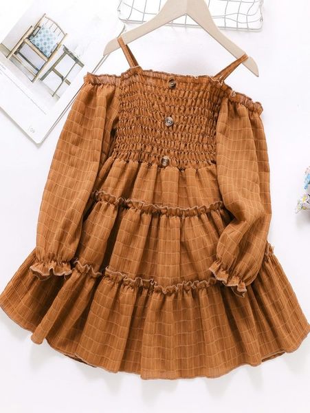 Chicas Shirred Frilled Hombro frío Flujo Funda con volantes Vestido de gasa Hem.