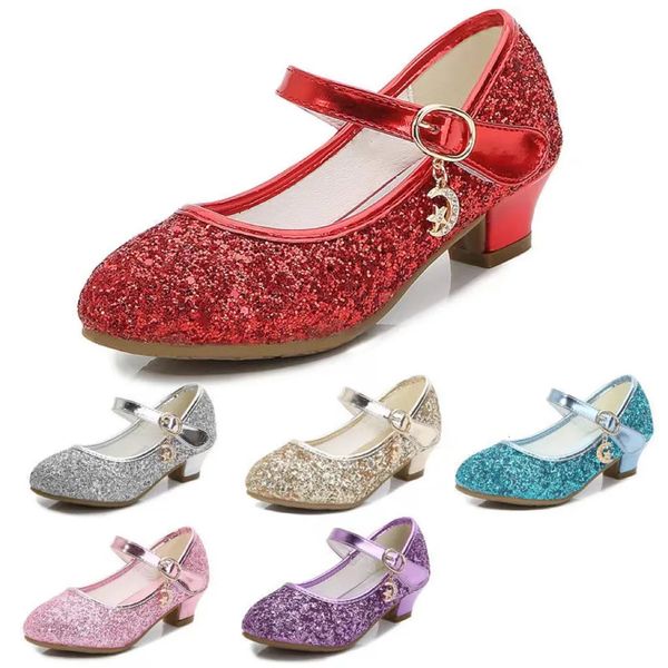 Zapatos para niñas, sandalias de cristal con brillo de tacón alto para niños, hebilla de moda, zapato de baile de princesa para niños, zapatos de cuero de rendimiento para estudiantes 240311