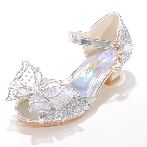 Zapatos para niñas Fiesta para niños Vestido de princesa Cuñas de cuero Reina de la nieve Resbalón en sandalias Tacón de boda Bailarina Pisos 220211