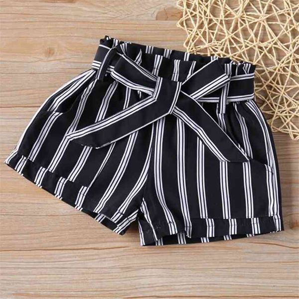 Pantalones cortos para niñas Pantalones de verano Rayas blancas y negras + Cinturón Algodón para bebés para niños 210528