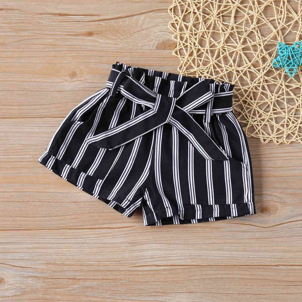 Pantalones cortos para niñas Pantalones de verano Rayas blancas y negras + Cinturón Bebé Niña Algodón Niños para 2-6 años 210515