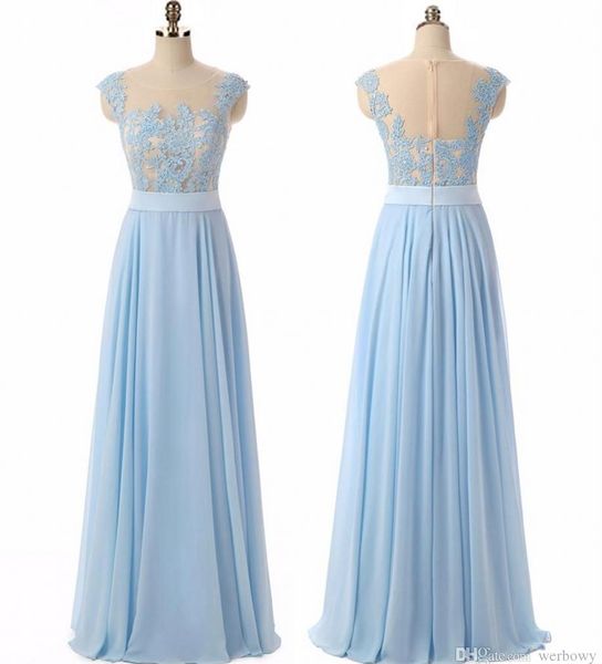 Filles robes bleu ciel élégant sexy col circulaire Appliques une ligne en mousseline de soie longue fête robes de soirée formelles robes pour femmes robes de bal HY