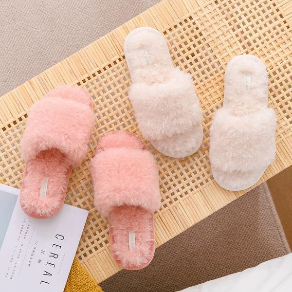 Filles pantoufles maison femmes chaussures mignonnes coton court en peluche plat décontracté intérieur extérieur femme tongs diapositives 73714