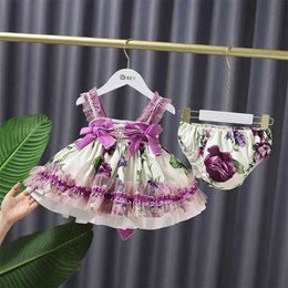 Meisjes Spaanse Floral Jurken Peuter Tutu Tule Princess Lolita Baljurk Zuigeling Verjaardag Kleding met Broek Baby Doop Jurk 210615