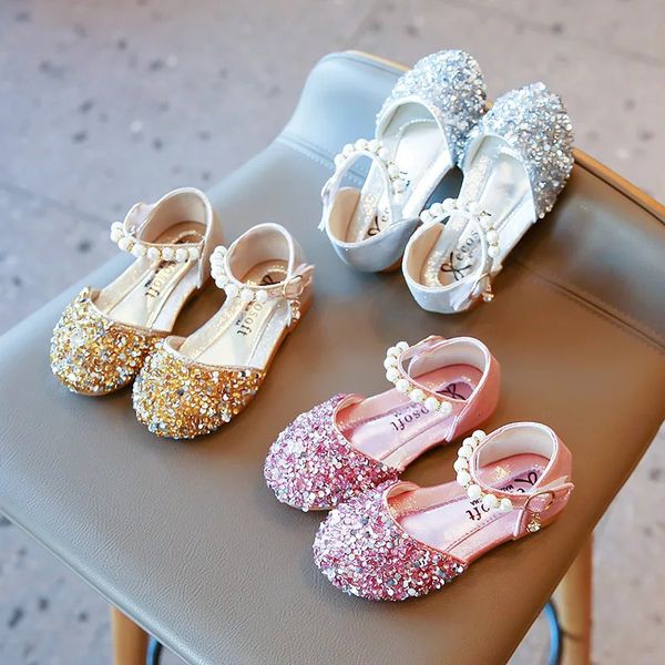 Filles Sprincess Shoes Sequins Pearl Gold Pink Summer Children Sandales Couvre-orteils 21-36 Toddler Fashion Party Dance Kids Flats 240506