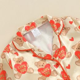Meisjes Lente Herfst Pyjama Sets Lange Mouw Revers Button Up Shirt Hart Beer Print Broek Nachtkleding 240325