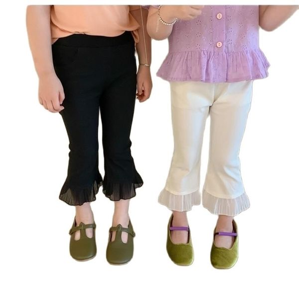 Pantalones acampanados recortados elásticos para niñas Estilo de verano Versión coreana de leggings para bebés con orejas de madera P4597 210622