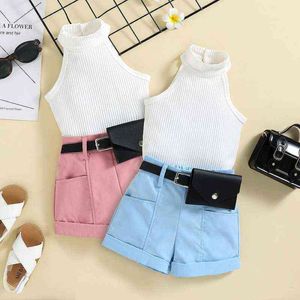 Meisjes pakken zomer babykleding meisjes pit strips gebreide halterneck sexy vest tops vrouwelijke baby zak shorts zakken pakken g220521