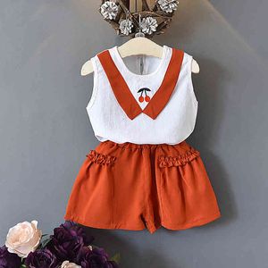 Meisjes pakken zomer kleding baby chiffon mouwloze vest tops + effen kleur shorts kinderen cherry borduurwerk sets 210515