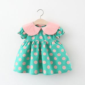 Meisjes Zomer Bubble Mouw Jurk Childrens Solid Polo Neck Cute Dot Print Preschool Princess Princess Dress 240412