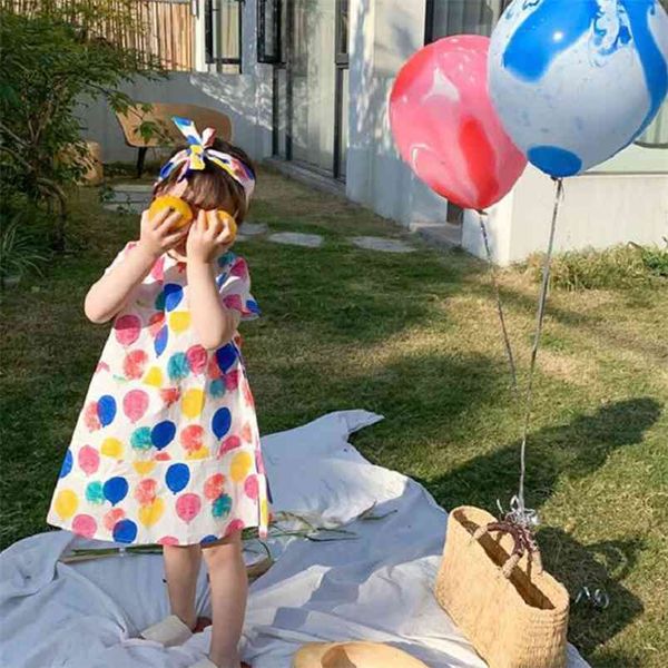 Robe d'été pour filles Ballon coloré imprimé robe de princesse à manches courtes + bandeau mode bébé enfants vêtements pour enfants 2-7 ans 210625