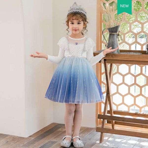 Filles robe d'été pour enfants à manches longues bleu glace princesse Tulle mouche à plusieurs niveaux coton Costume Vestido 210529