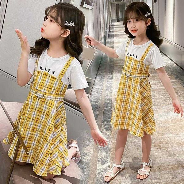 Vestido de verano para niñas Yang Air Middle Child Girl Net Red Fake Two Pieces Grid Cotton Korean Dress Girls 10 a 12 años 2021 Nuevo Q0716