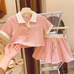 Girls Summer Fashion Sets Children Turn Down Collar Cloths Suits Tiener Casual Outfits Kids Short Sheeves Tops Shorts 2pcs 240328