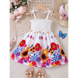 Girls 'Summer New Sweet Resort Style Strap Bow Sundress + Hem Romantic Flower Series Floral Impress Vestido L2405