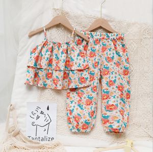 Meisjes zomer pak meisje sling top bloemen vest kleding sets baby kinderen korte mouwen tweedelige mode schattige casual broek