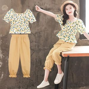 Girls Summer Suit Geel Floral TopSolid Color Tours 2 -Piece Childrens Set For Outer Wear Sets Loungewear Outfit 240426