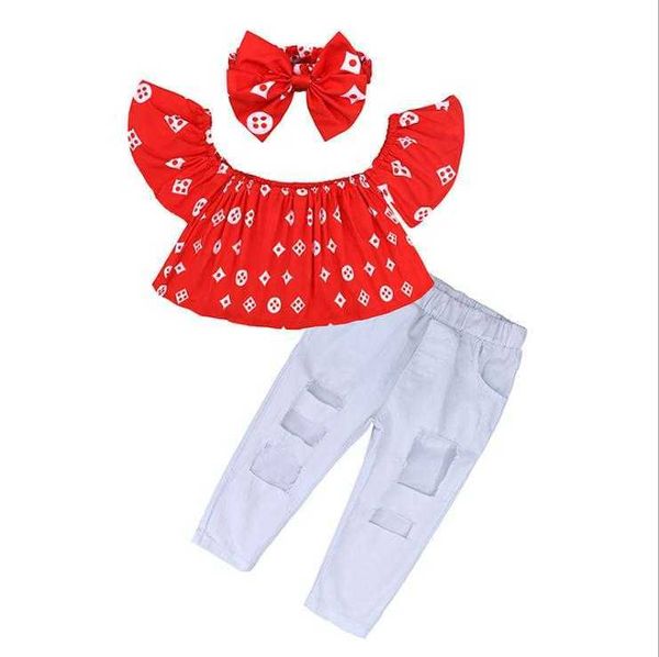 Filles été enfant en bas âge vêtements enfants ensembles épaules nues chemise haute + trou pantalon + bandeau filles vêtements ensemble enfants vêtements