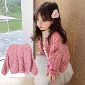 Pull pour filles Manteau pour bébé Vêtements d'extérieur 2021 Rose Beige Plus Velours Épaissir Chaud Hiver Automne Tricot Cardigan Coton Clo pour Enfants Y1024