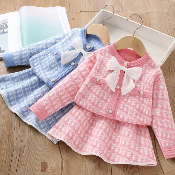 Conjunto de suéter para niña, otoño/invierno, nuevo estilo occidental, pequeña fragancia, pajarita de manga larga, vestido de princesa para niño, conjunto de dos piezas