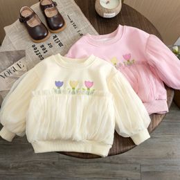 Meisjessweatshirt Kant Kindersweatshirt 2023 Lente/Zomer Bloem Geborduurd Babytopje Kinderkleding Koreaans 240103
