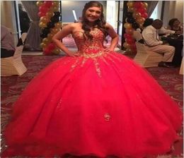Girls Sweet 16 Red Quinceanera -jurken formele kleding promjurken optocht met gouden appliques kralen gezwollen baljurk Vestidos de 15 7692084
