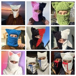 Niñas dulce oreja de gato creativo sombrero de punto pasamontañas taza caliente a prueba de viento deportes al aire libre máscara de cara completa máscara de esquí 231229