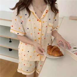 Meisjes zoete pyjama set korte mouwen broek cartoon dieren afdrukken schattige huiskleding vrouwen afslaan kraag losse slaapkleding 240410