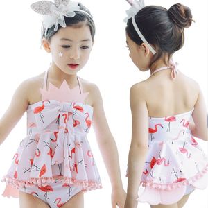 Meisjes zwemmen set cartoon flamingo badmode pakken meisje zon baden lente zwem sets boog tank tops underpant shorts met zwemkappen A6945