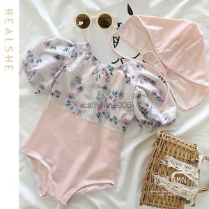 Filles maillot de bain + chapeau été nouveau Floral bouffée à manches courtes maillots de bain une pièce enfants enfants Bikini Infantil vêtements de plage L230625