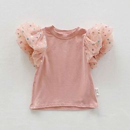 Meisjes t-shirt Koreaanse polka dot bubble mouw mesh tops voor kinderen 2023 zomer kinderen blouse katoenen baby-tees peuter outfits l2405