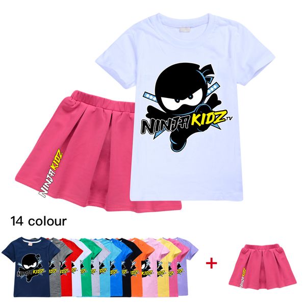 Camiseta para niñas, falda, traje, sudadera, conjunto de enagua corta rosa, ropa de dormir para bebés y niños, Tops de algodón para adolescentes, vestido acampanado rosa