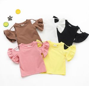 Camisetas para niñas, camiseta de verano para bebé, blusas de hoja de loto con hombros descubiertos de algodón para niña, alta calidad