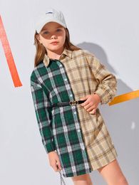 Robe à épaules tombantes à imprimé tartan colorblock pour filles sans ceinture SHE